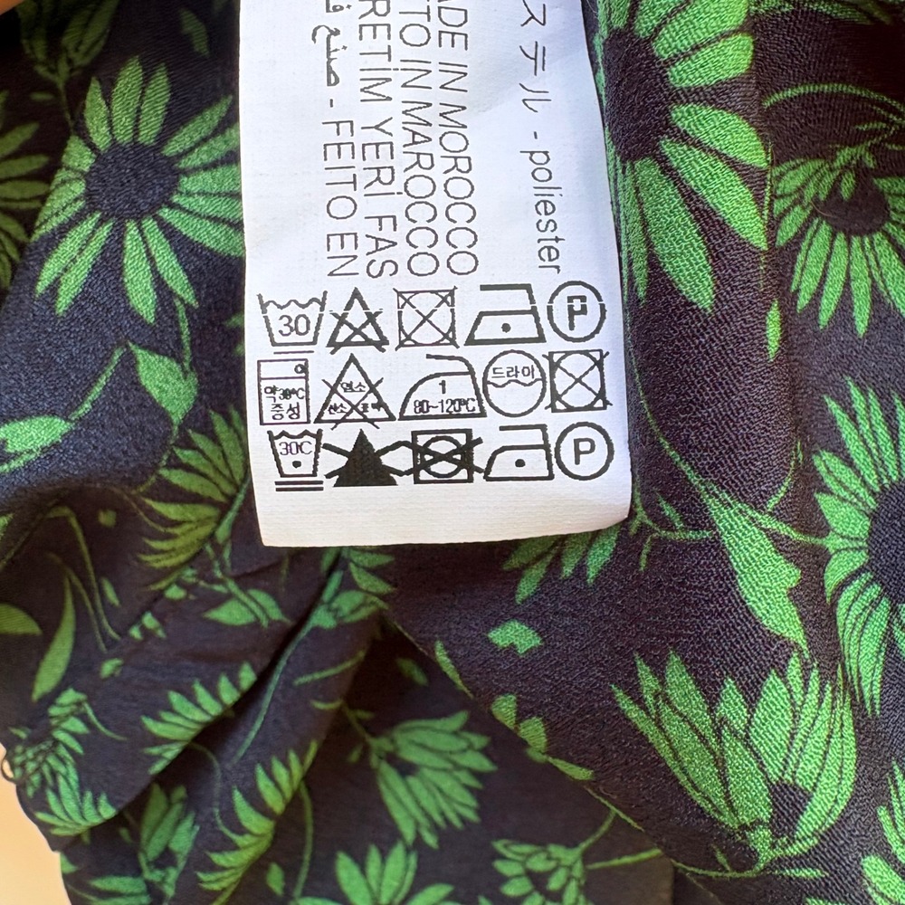 Zara Floral High Neck Blouse XL Green Black Puff Sleeve Ruffle NWT Victorian - Picture 9 of 10